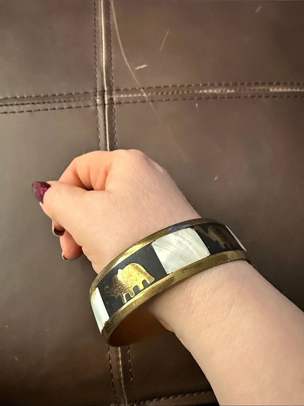 Elephant Motif Cuff Bracelet in Brassy Gold & Black with pearl like panels